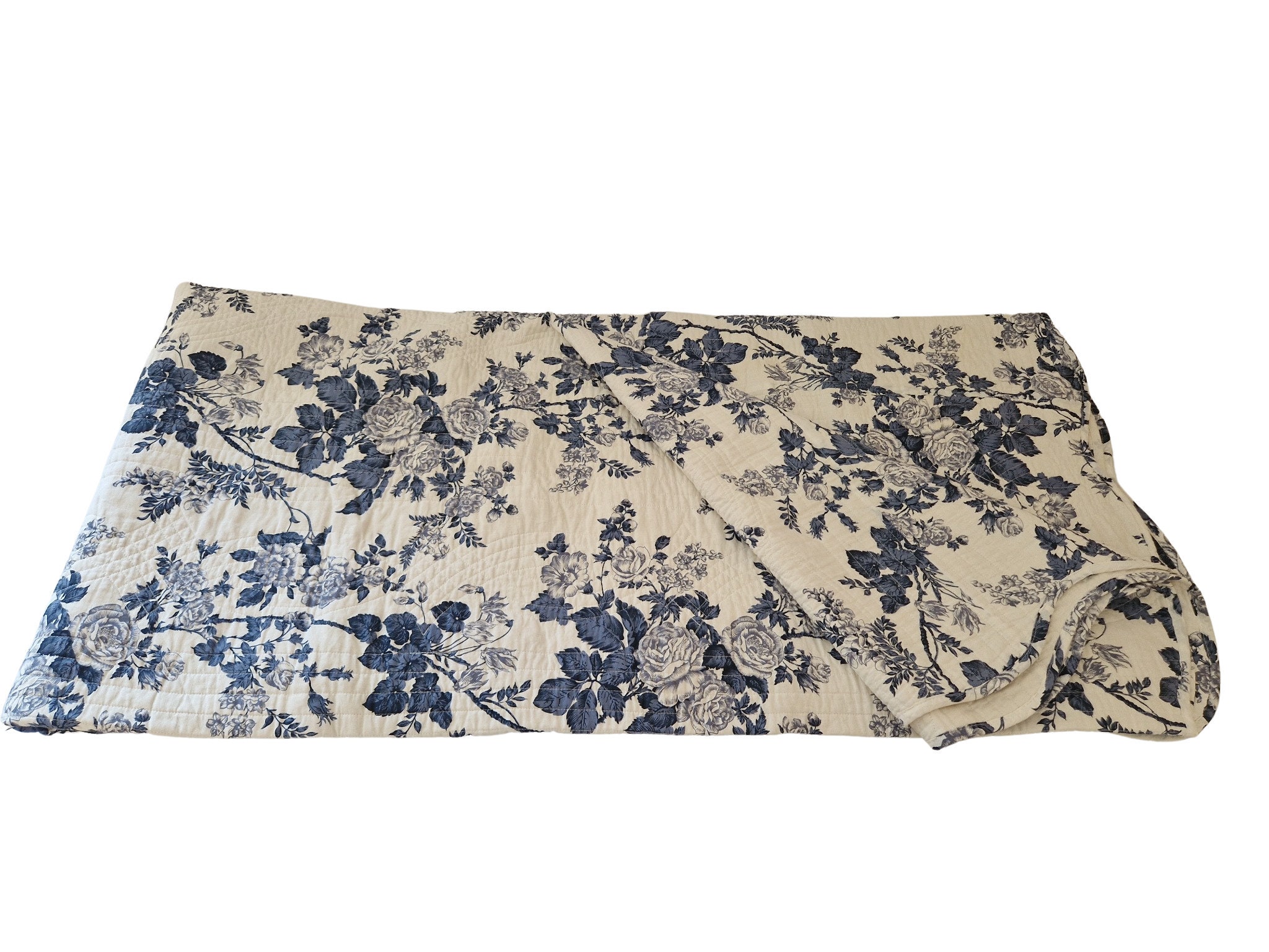 French Bed Quilt with Blue Rose Printed Cotton, Shabby French Chic