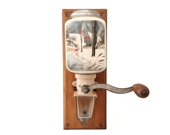 French Peugeot Frères Coffee Mill with Snowy Winter Landscape Ceramic Canister by Sarreguemines, Antique Wall Mounted Grinder