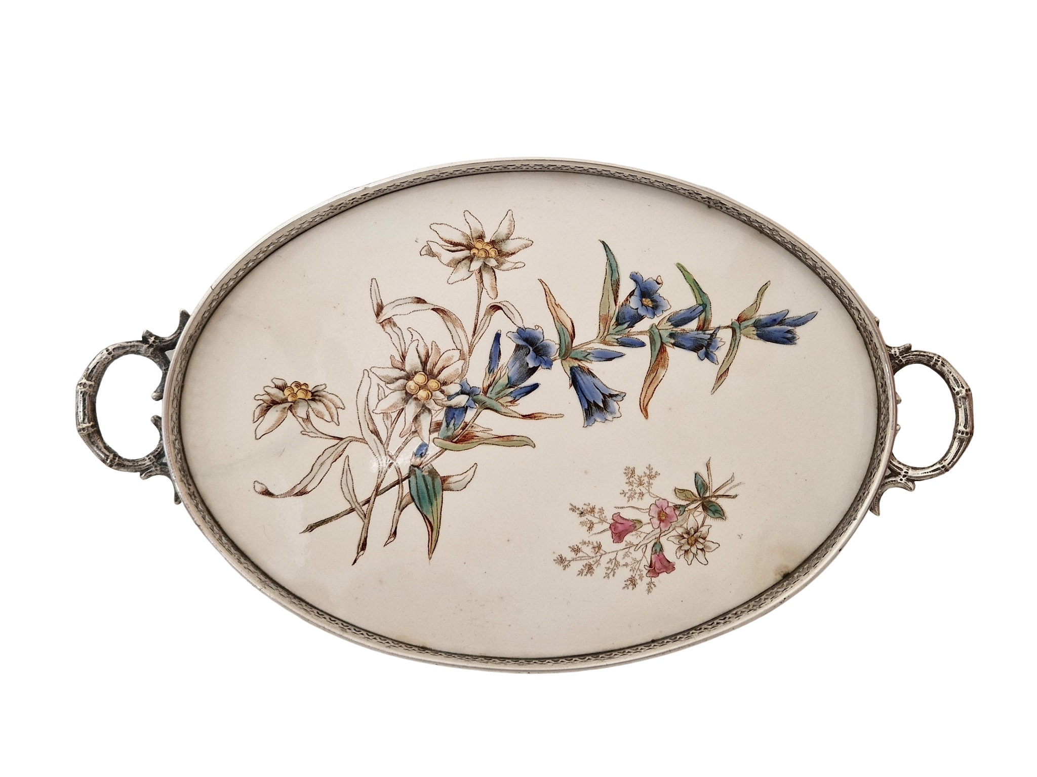 Antique Porcelain Serving Tray with Flower Transferware and Silver