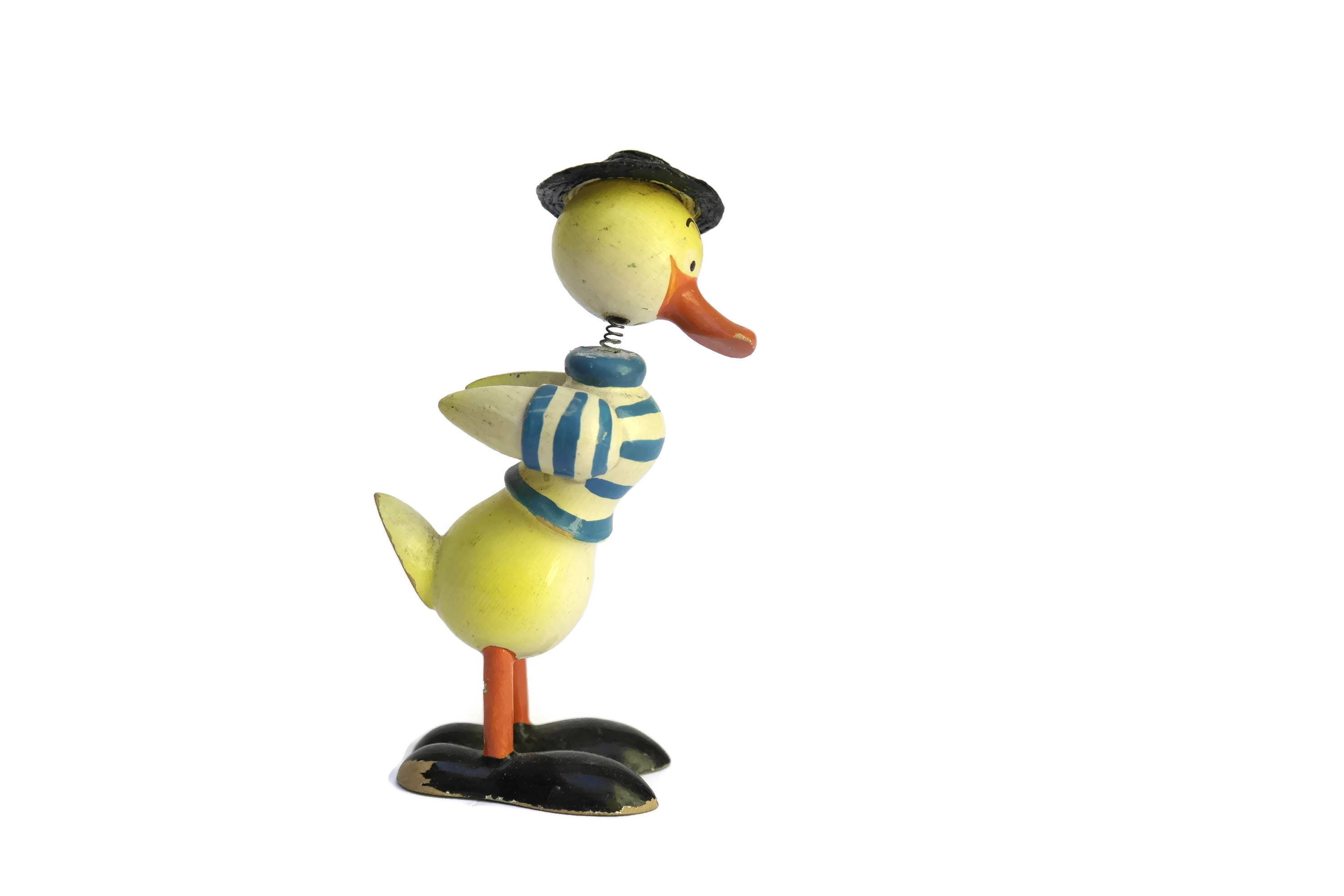 Vintage Wooden Duck Bobble Head Toy. 1950s Nodder Head Duck Figure Toy.