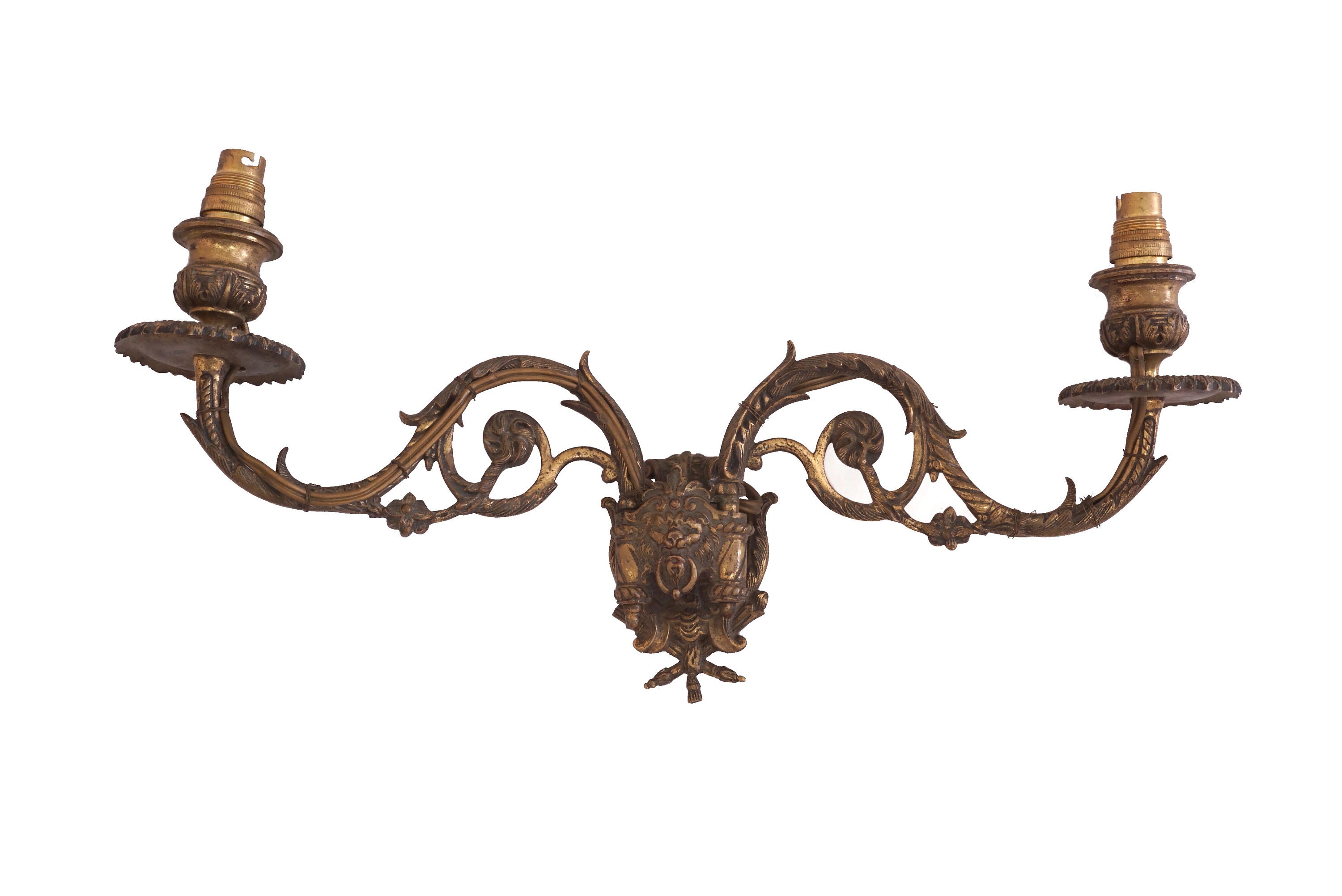 Antique Bronze Piano Candle Sconce Pair with Lion Head Figurines, French Candleholder Wall Lights