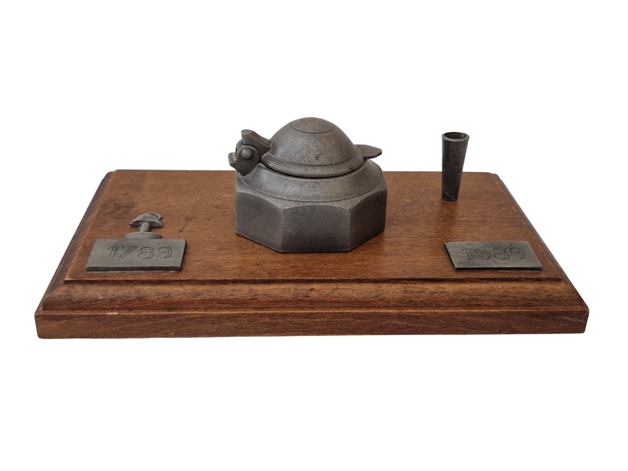 Small Inkwell Set with Quill, Fleur de Lys, Pewter