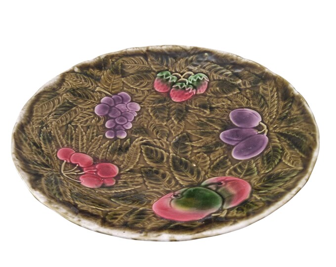 Large Majolica Fruit Centerpiece Bowl by Sarreguemines, French Barbotine Serving Dish Platter