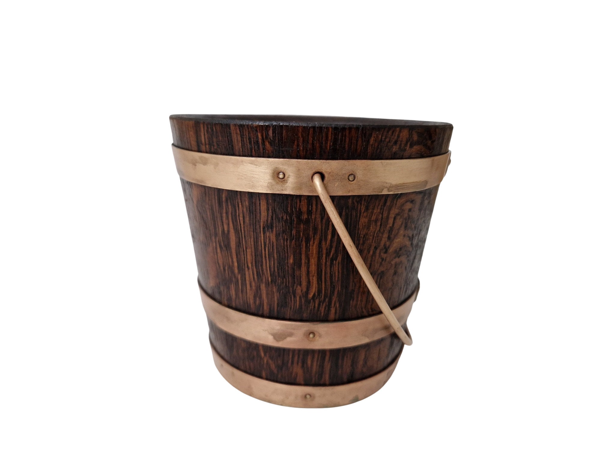 French Wood and Copper Ice Bucket, Wooden Oak Barrel by Geraud Lafitte