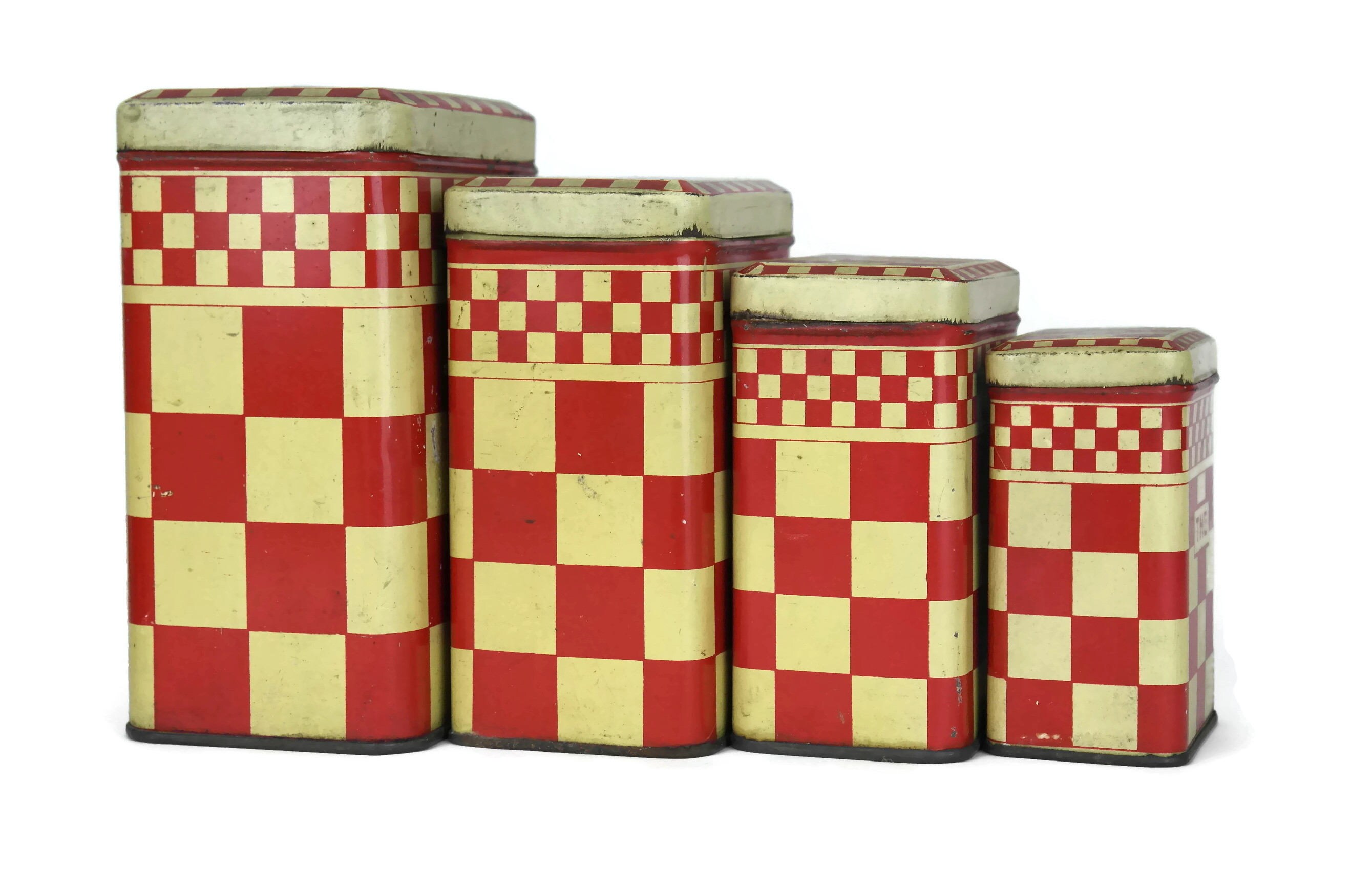 French Vintage Red Kitchen Canisters. Set of 4 Red Checkerboard