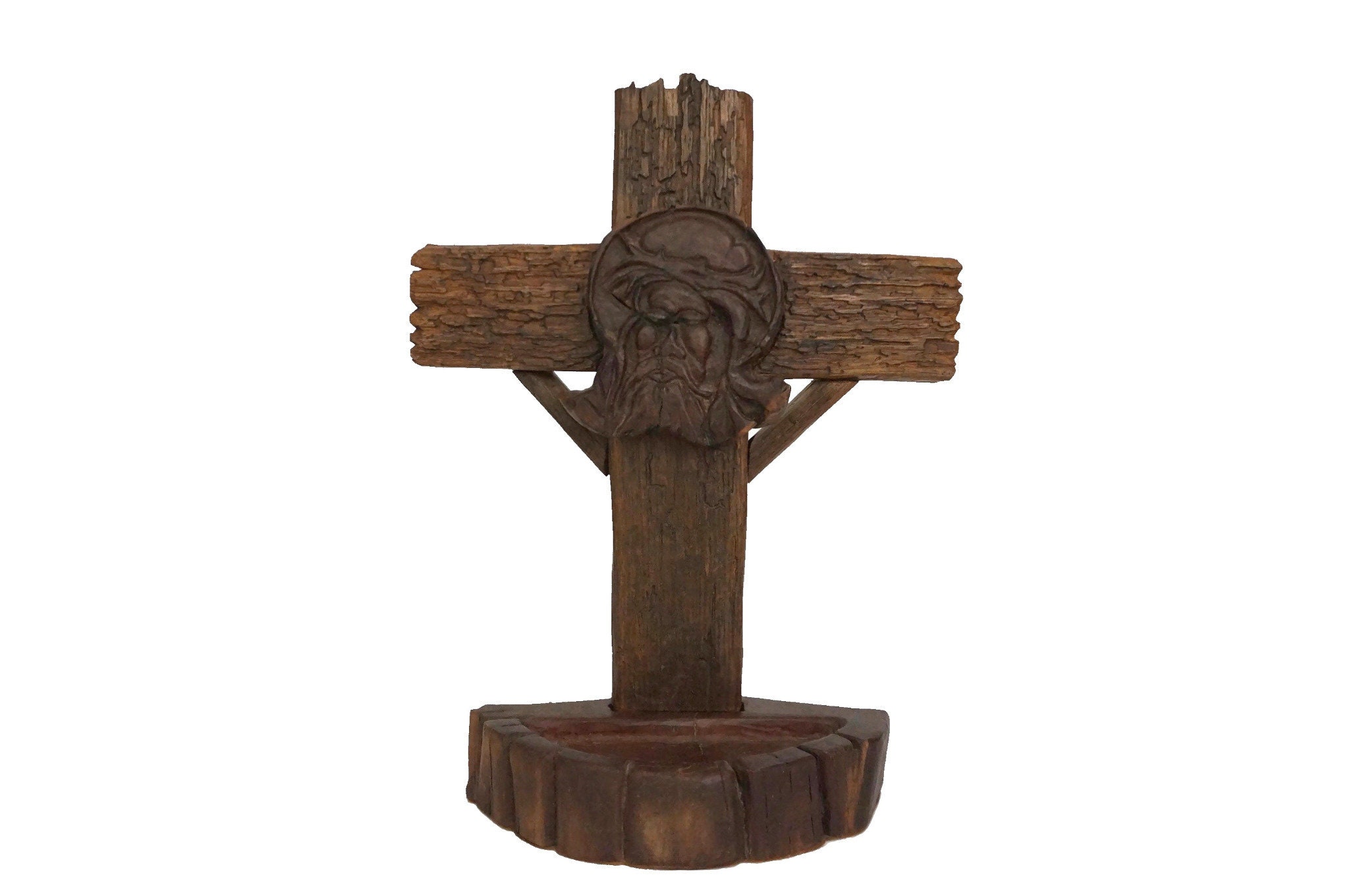 Crucifix Debout en Bois Sculpté avec Portrait de Jésus, Sculpture d'art Chrétien Croix Moderniste