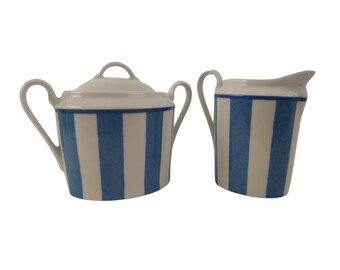 French Porcelain Sugar Bowl and Creamer Set by Yves Deshoulieres in Nobilis Outremer Pattern, Blue and White Stripe Tableware