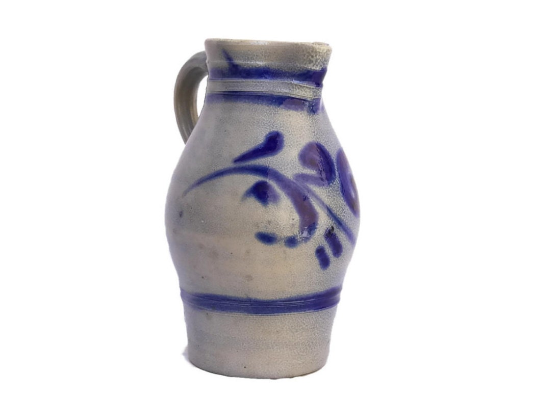 Ceramic Water Jug. French Vintage Blue Glazed Pottery Pitcher. Rustic