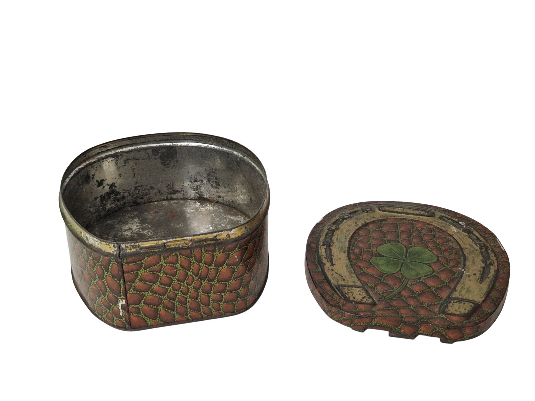 Antique Lucky Horseshoe Candy Tin Box with Four Leaf Clover