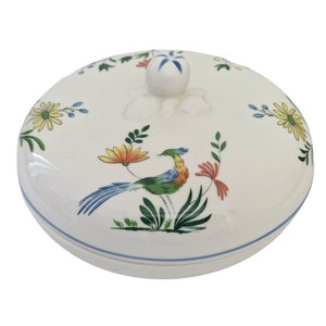 Gien Ceramic Candy Dish with Birds of Paradise, French Faience Lidded Jewelry Box