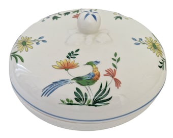 Gien Ceramic Candy Dish with Birds of Paradise, French Faience Lidded Jewelry Box