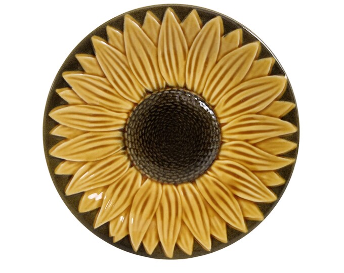 French Majolica Sunflower Plate, Mid Century Ceramic Flower Kitchen Wall Decor