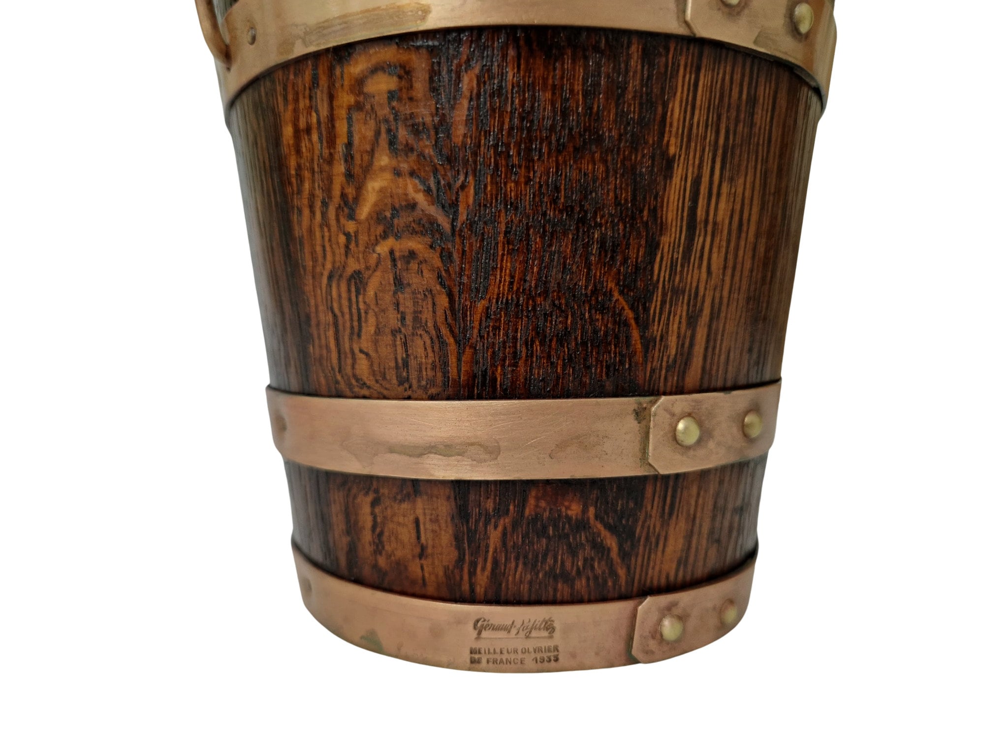 French Wood and Copper Ice Bucket, Wooden Oak Barrel by Geraud Lafitte