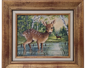 Fawn by Pond in Forest Oil Painting by Annick Terra Vecchia, Woodland Wall Art, Christmas Home Decor