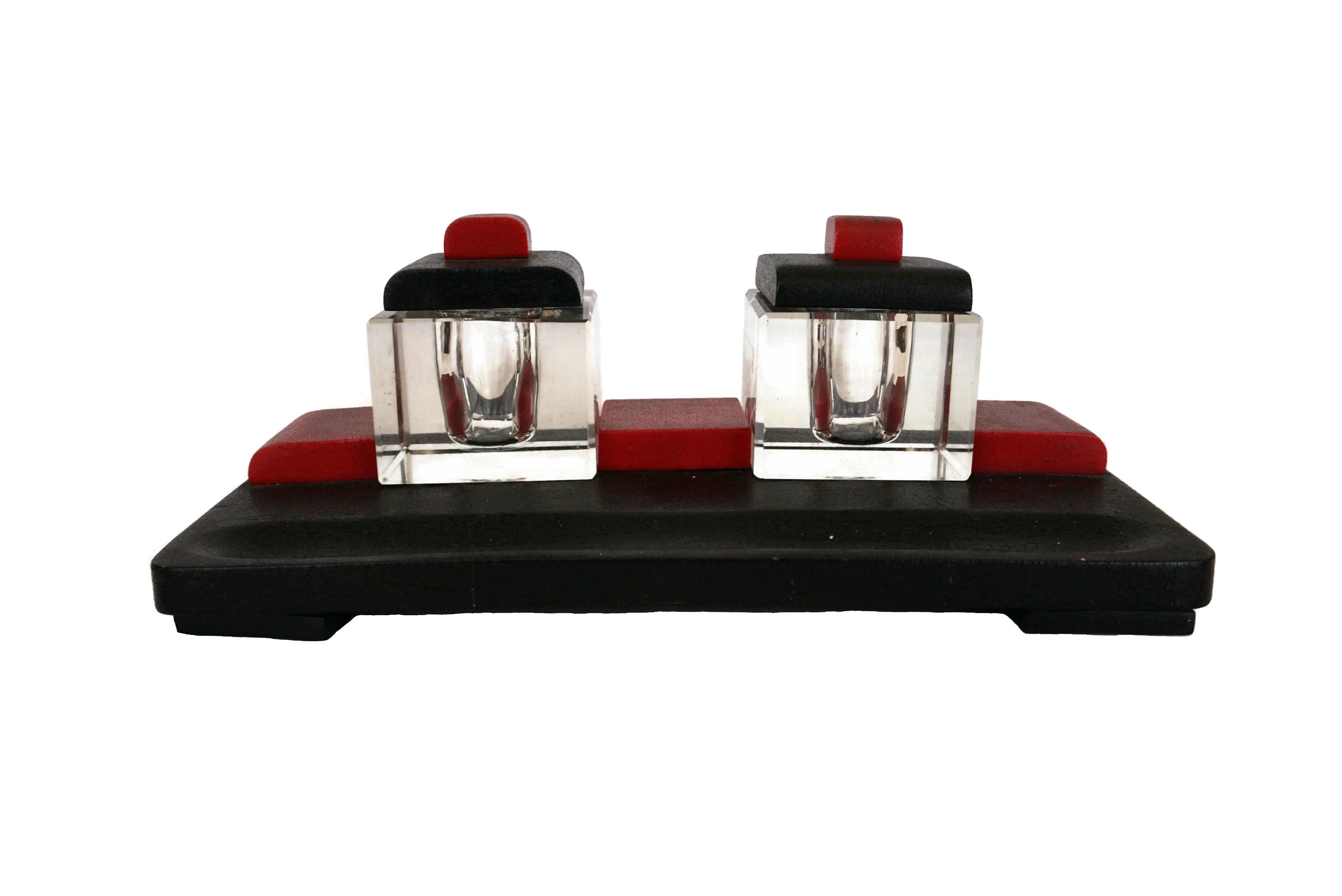 Art Deco Glass Inkwell Set, Antique French Desk Organizer