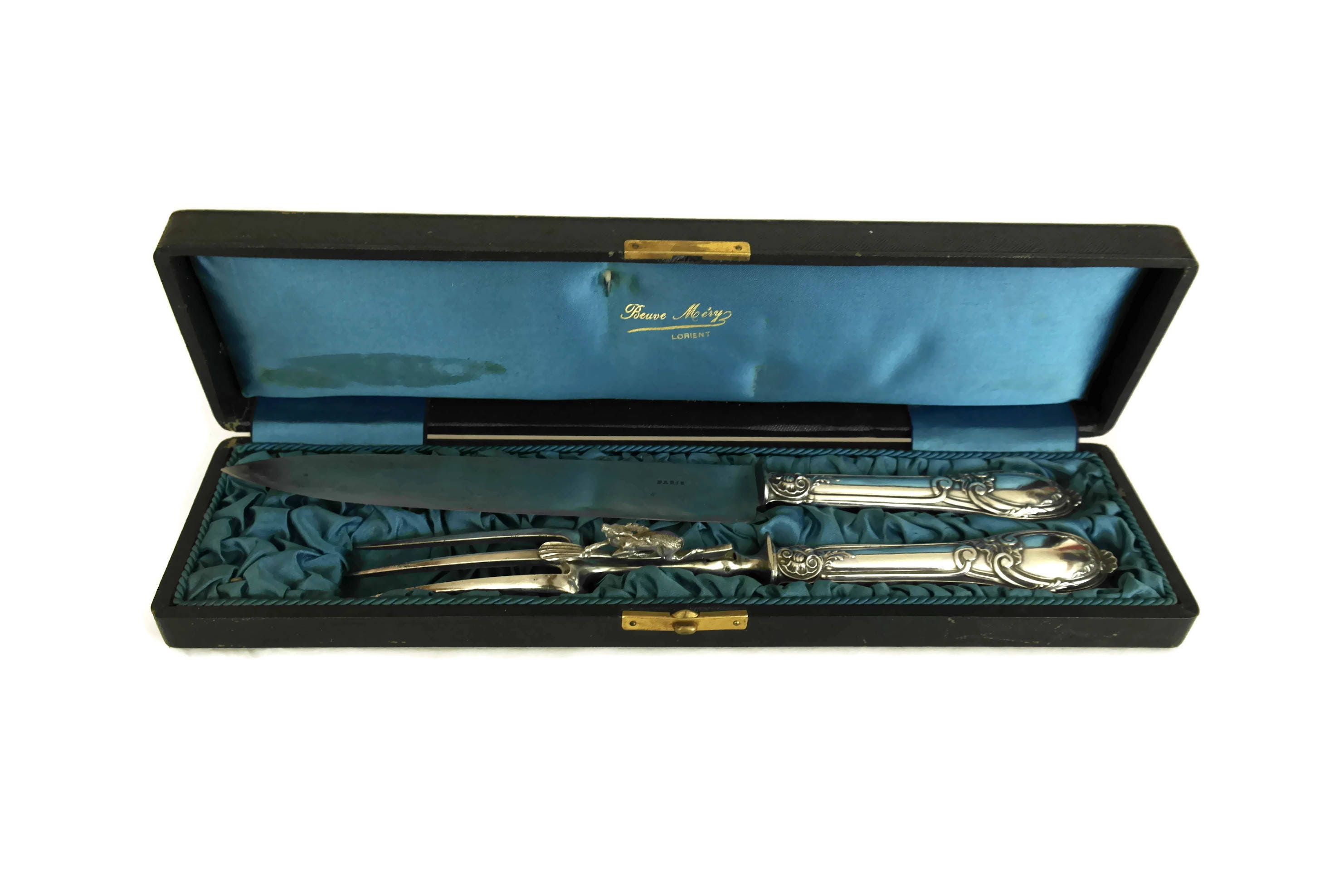 Antique Silver Carving Set with Knife & Fork. Boxed Silverware with