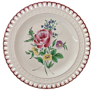 Hand Painted French Faience Plate with Roses and Lattice Cutwork Border, Country Kitchen Wall Hanging Decor image 1