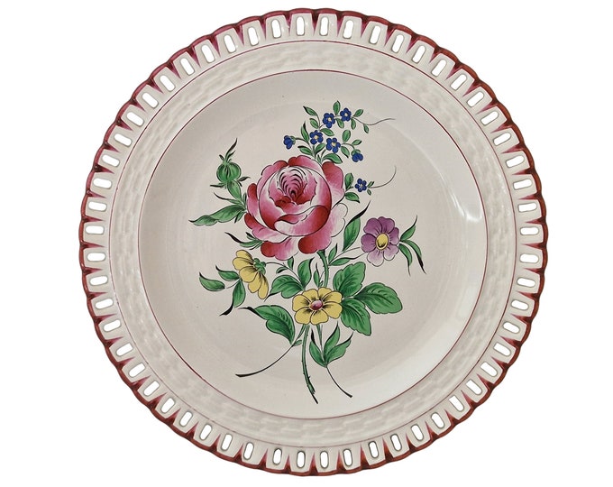 Hand Painted French Faience Plate with Roses and Lattice Cutwork Border, Country Kitchen Wall Hanging Decor