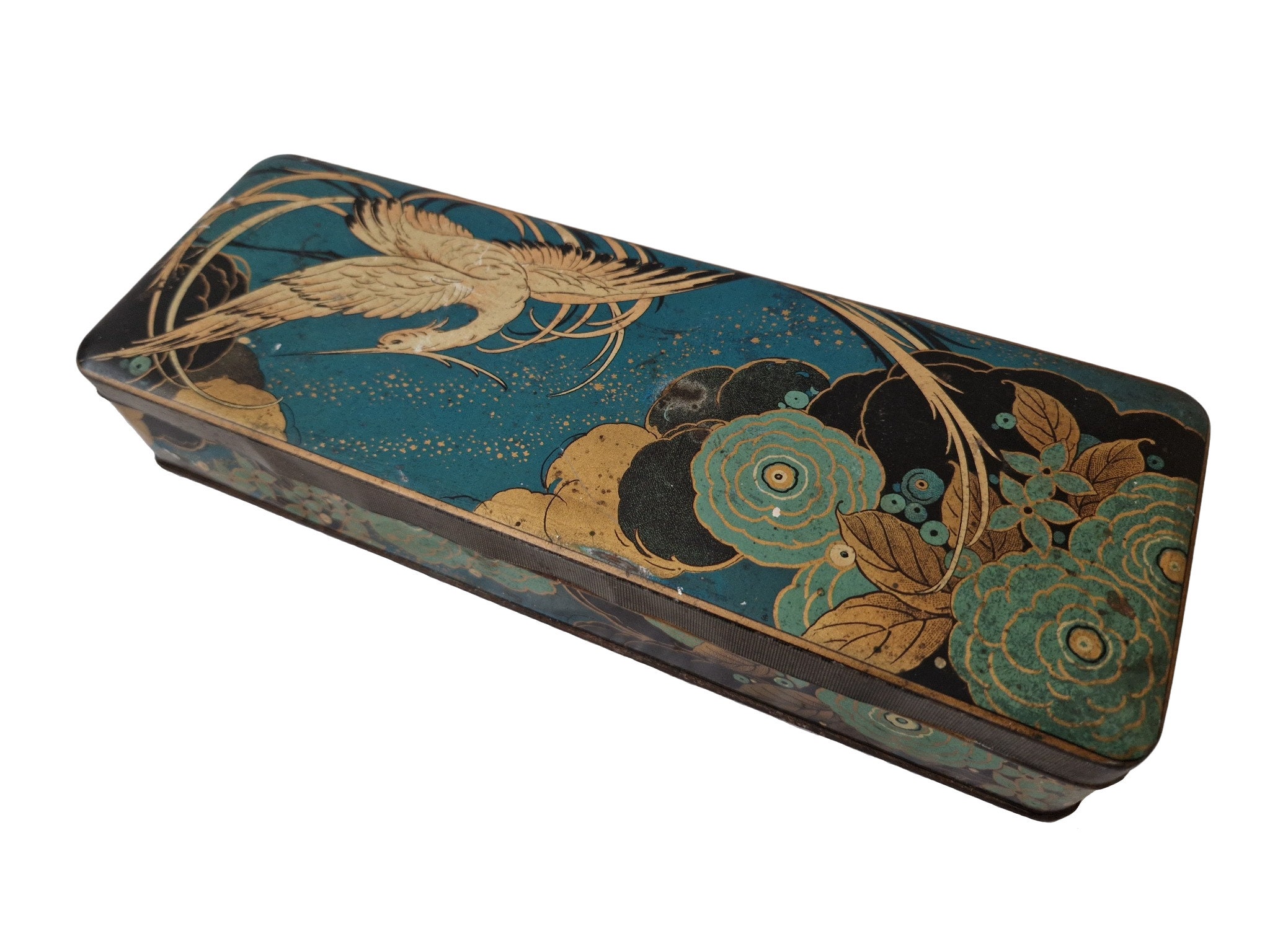 French Candy Tin Box with Art Deco Flowers and Crane Bird, Teal and