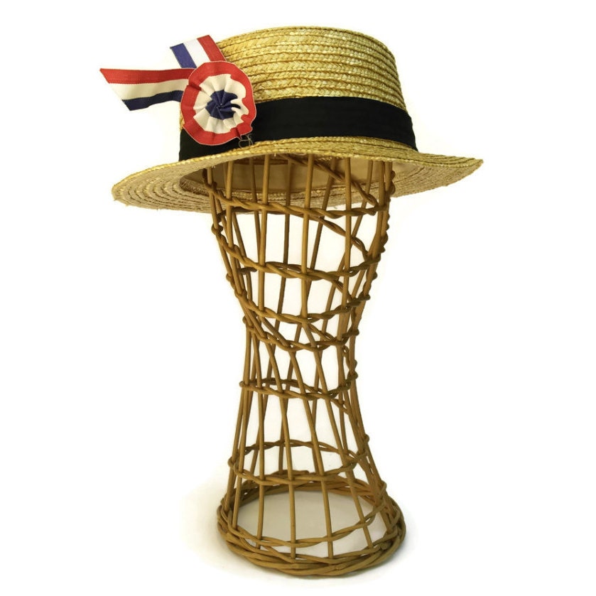 French Straw Boater Hat. Vintage Straw Hat with Bleu, Blanc, Rouge