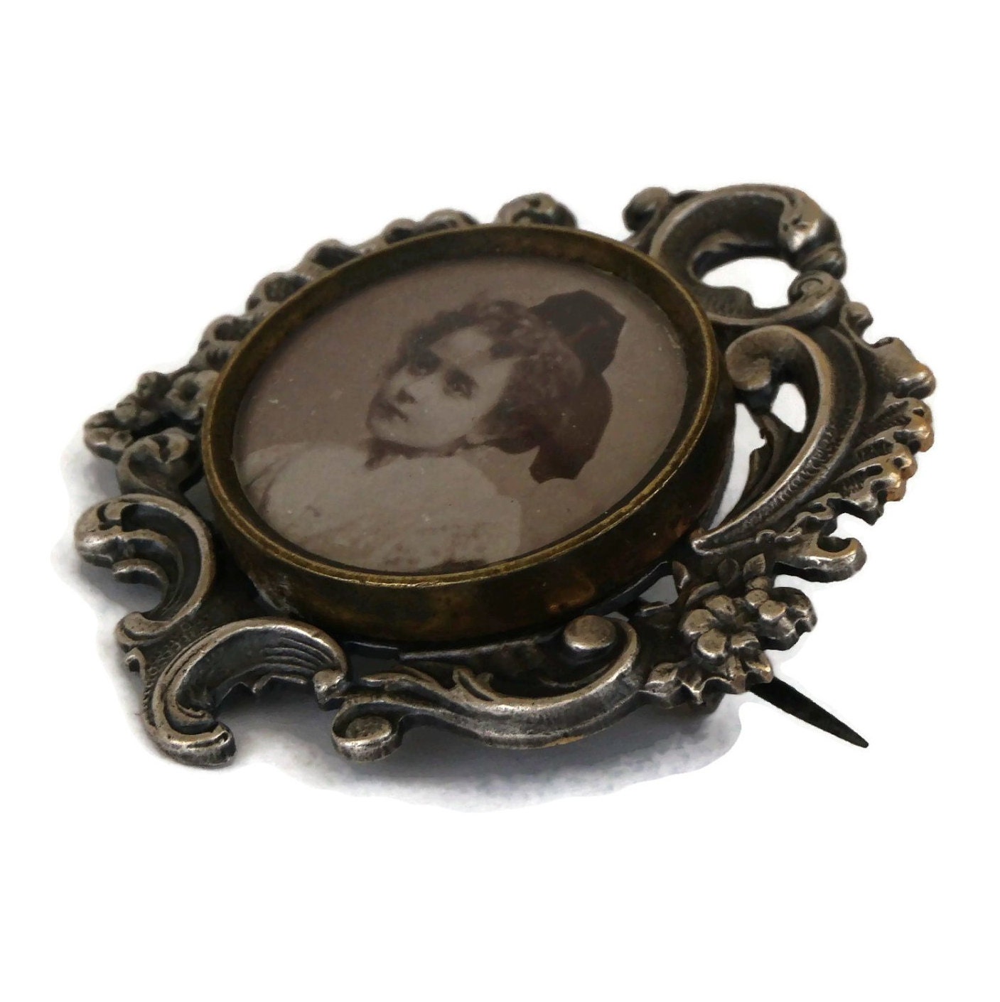 Antique Silver Photo Frame Brooch with French Girl Portrait, Victorian