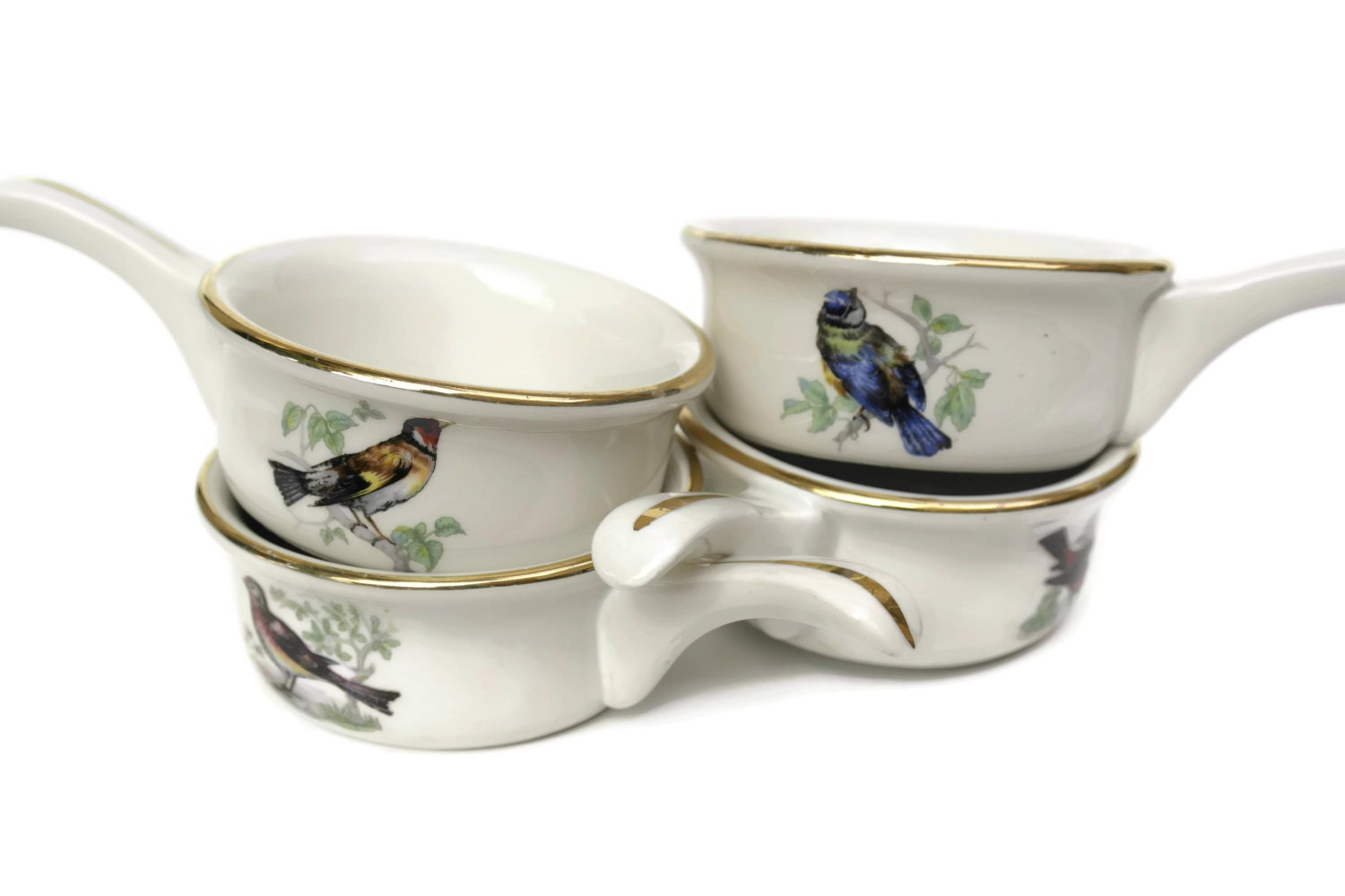 French Vintage Pillivuyt Porcelain Ramekins. Bird Soufflé Dishes.