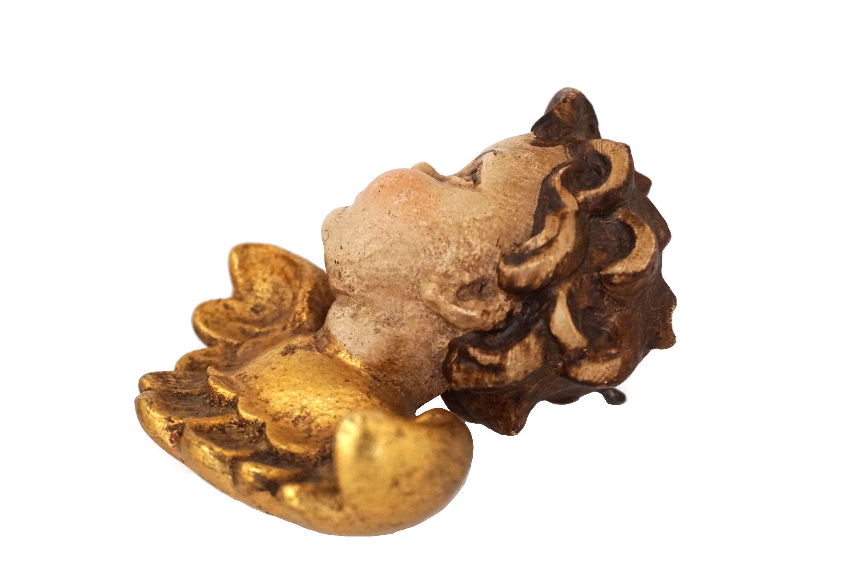 Hand Carved Cherub Putti Head Figurines, German Wooden Christmas Angel