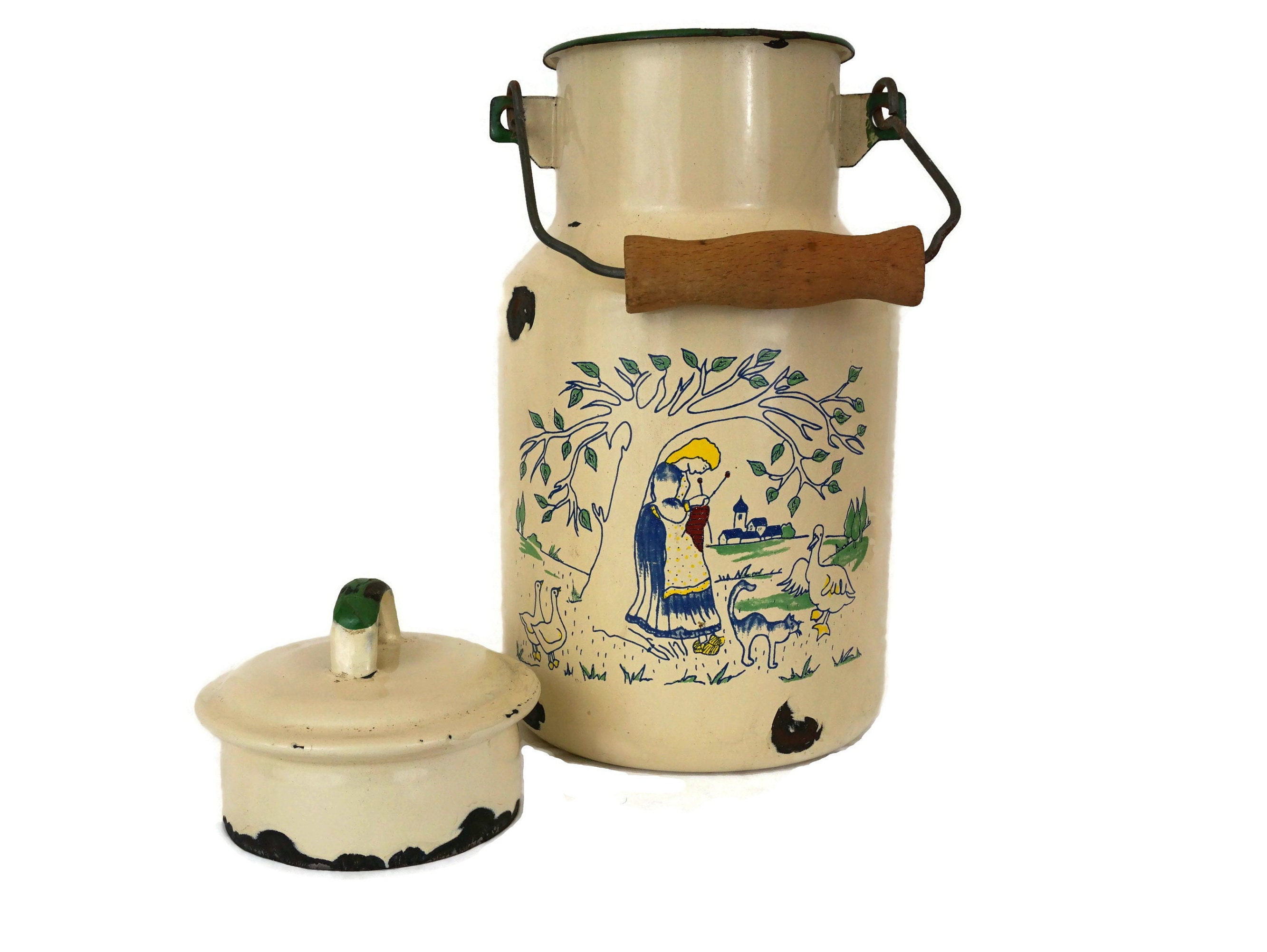 Vintage French Enamel Milk Pail, Shabby Farmhouse Enamelware Can