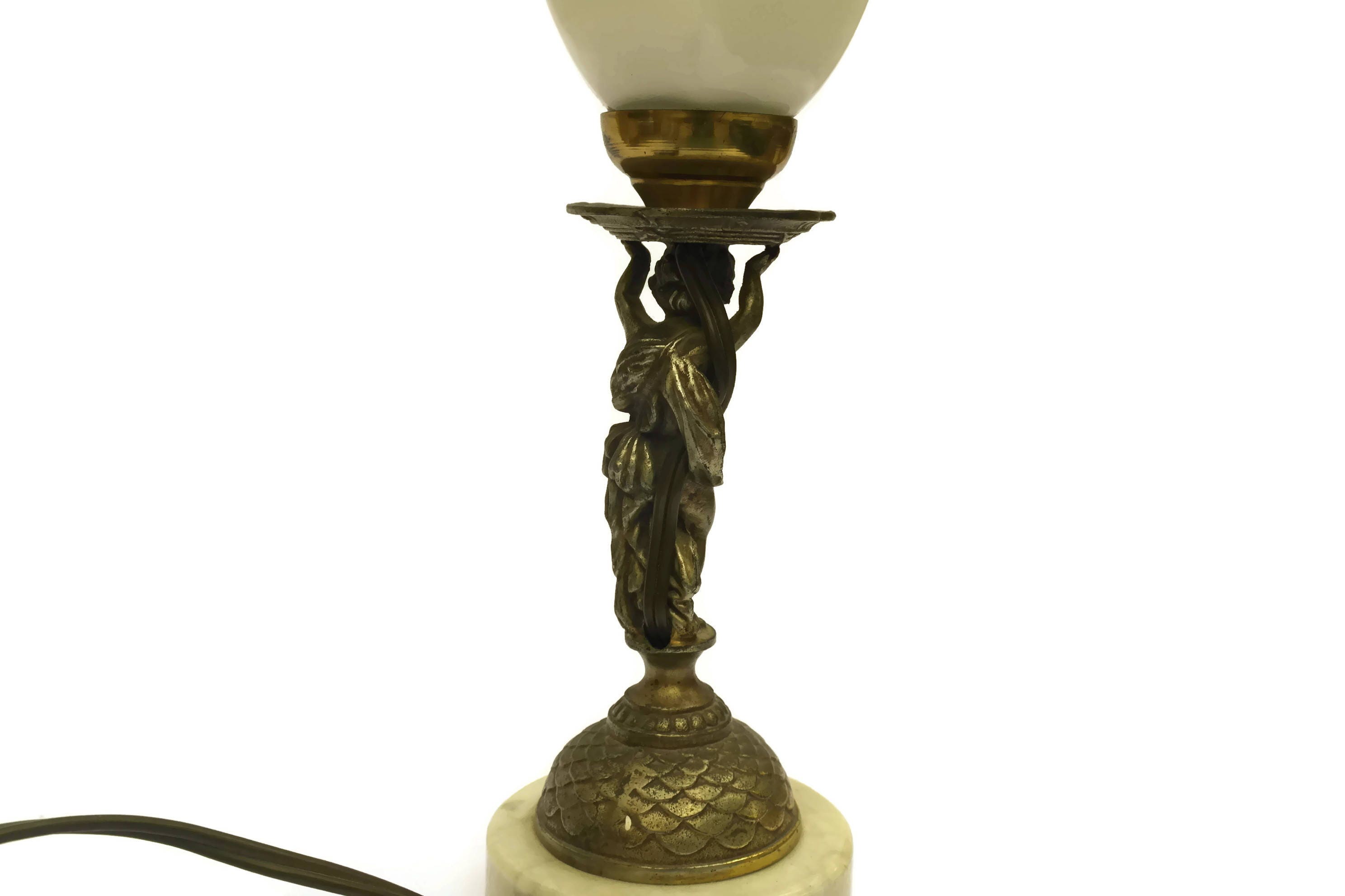 French Vintage Brass Angel Lamp. Cherub Table Lamp with White lamp