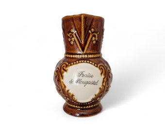 Antiker französischer Majolica-Krug für Erdbeerwein, glasierter Keramikbar-Servierkrug, Fraise de Plougastel