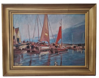 Volendam Harbor and Sailing Boat Painting, Original Dutch Framed Coastal Wall Art