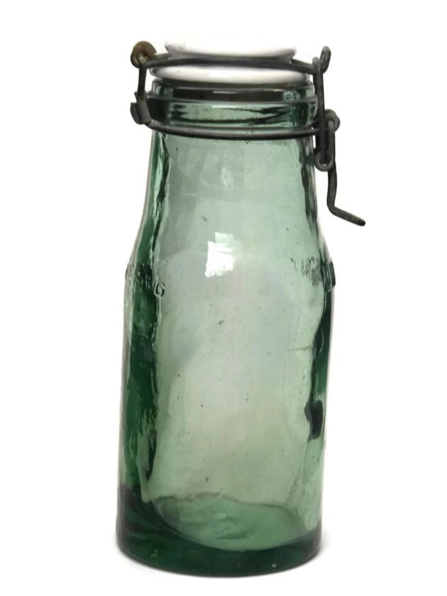 French Green Glass Canning Jar with Porcelain Lid. Vintage French L