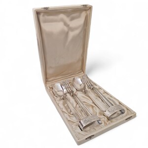 Art Deco Silver Pasta Set with Madame and Monsieur Napkin Rings, Forks and Spoons Boxed Set, French Wedding Gift