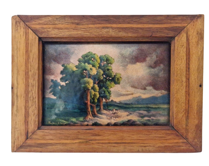Miniature Limoges Enamel Painting with Trees in Country Landscape by Poujol, Framed Hand Painted French Wall Art by Poujol