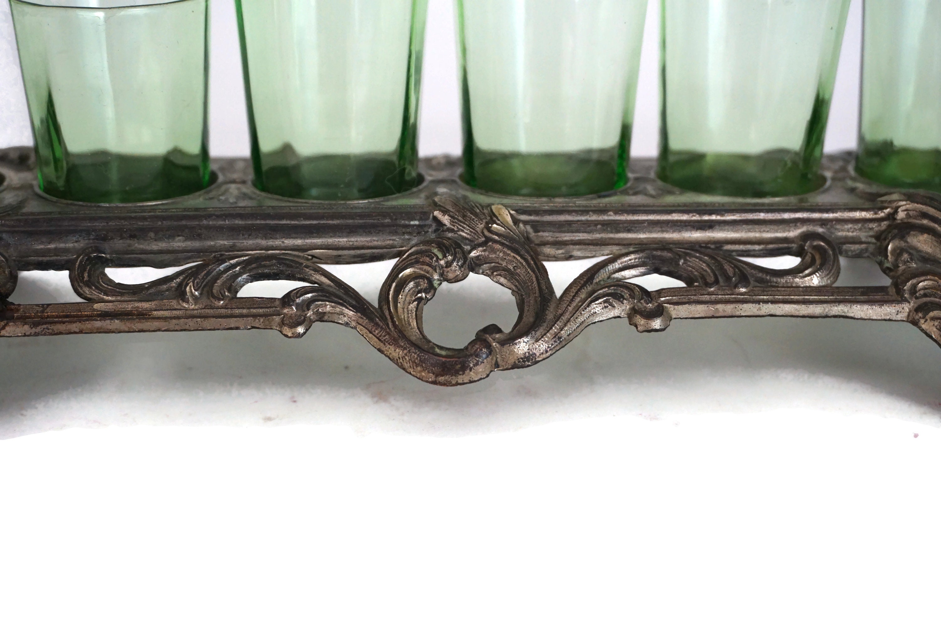 Antique Barware Shot Glass Set in Serving Tray Stand, French Cocktail