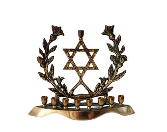 Vintage Enamel Brass Hanukkah Menorah with Star of David, Vintage Judaica Jewish Holiday Candleholder