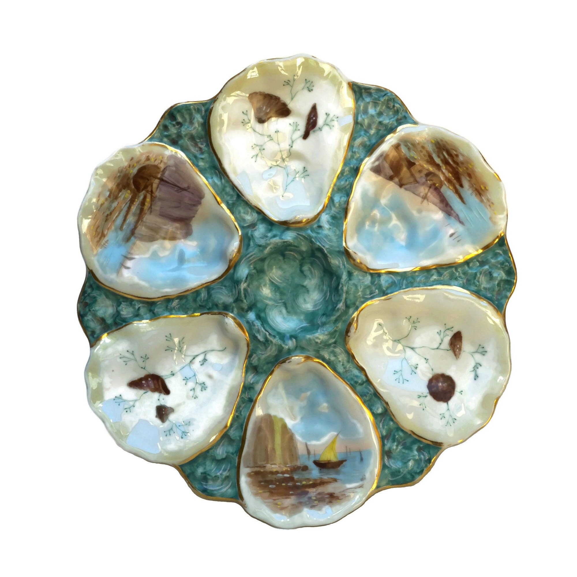 Antique Porcelain Oyster Plate with Hand Painted French Coastal Decor