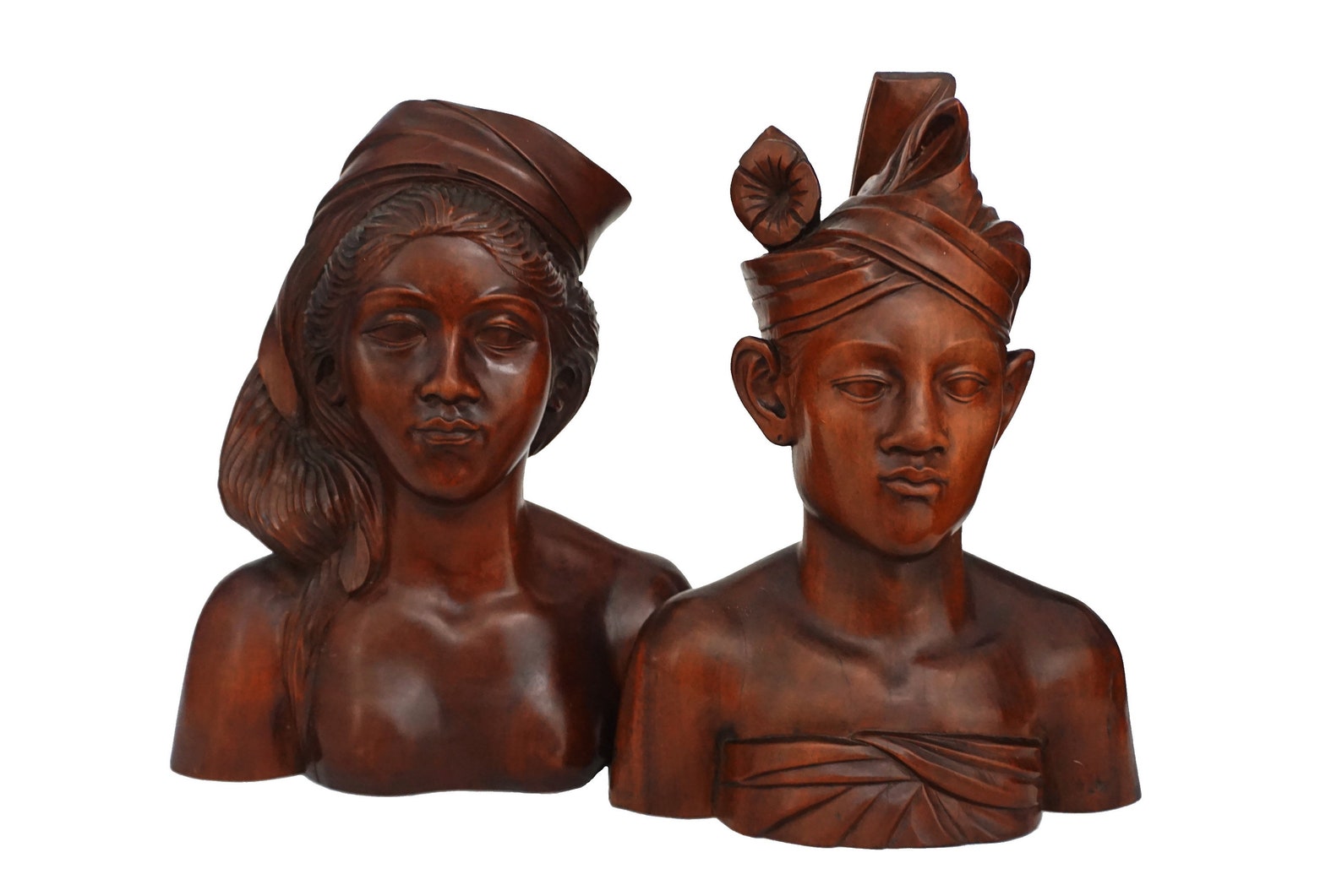Indonesian Carved Wood Head Busts Tribal Man and Woman image 0.