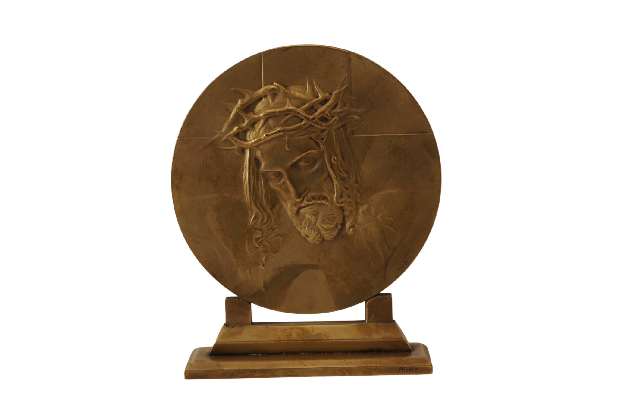 Antique Bronze Jesus Christ Portrait, Medallion Plaque by Henry Miault