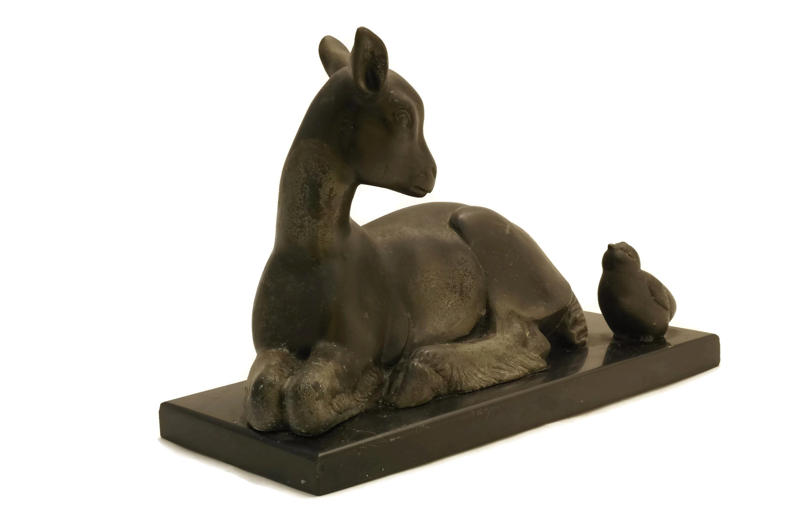 French Art Deco Animal Statue with Lamb and Chick Figurines. Newborn