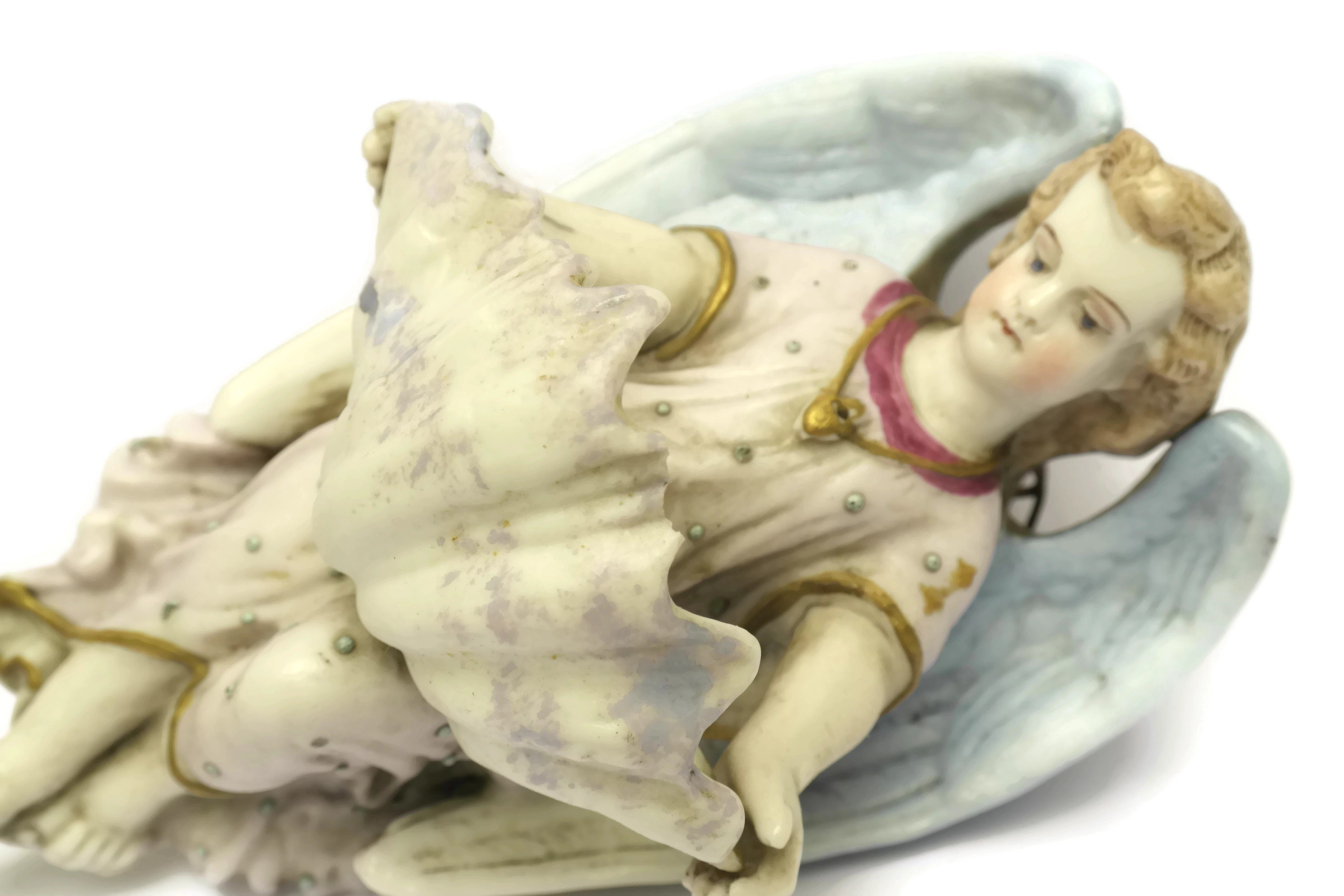 Antique Porcelain Angel Figurine Holy Water Font by Mauger & Letu