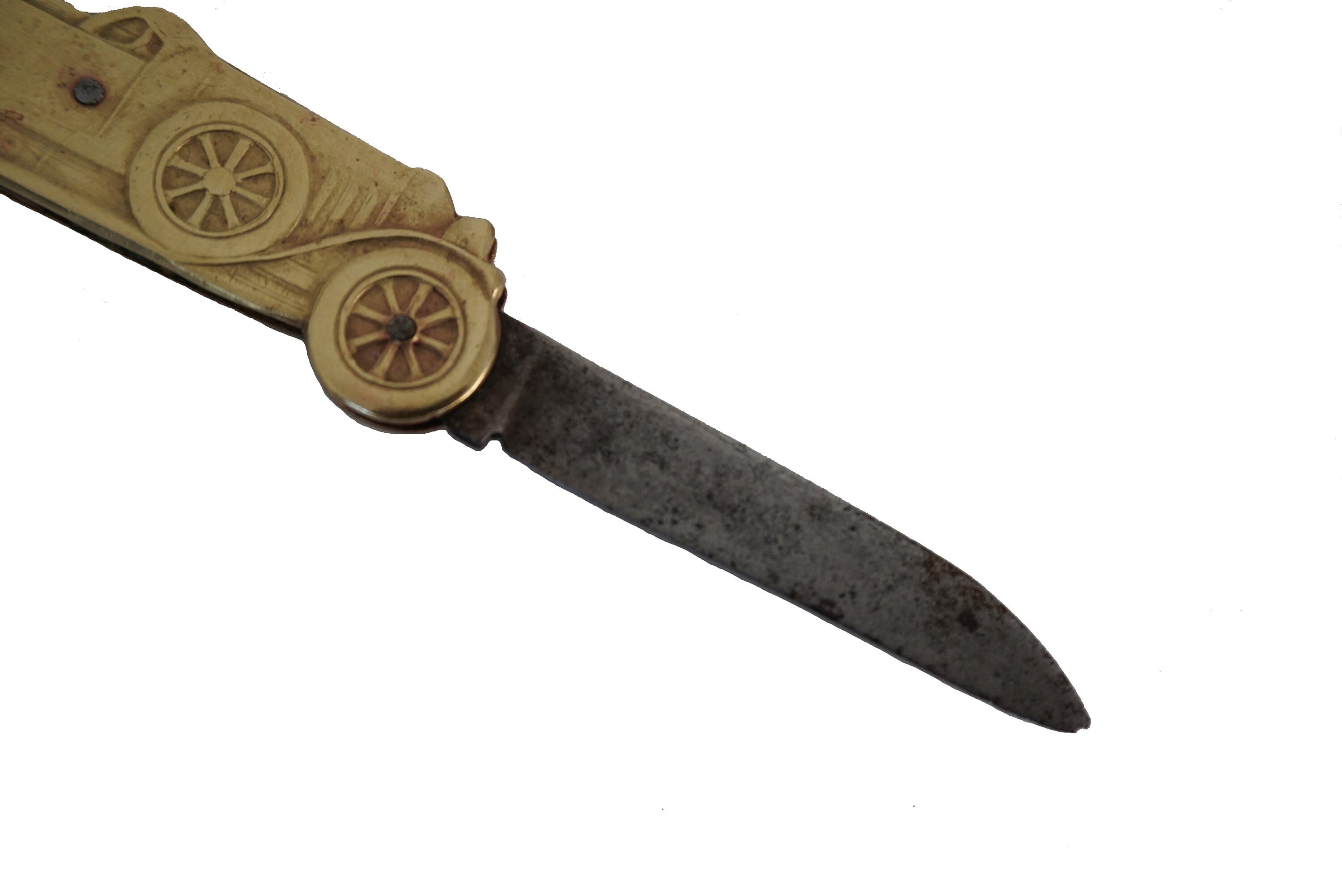 Antique French Brass Pocket Knife with Car by Couteau Coursolle