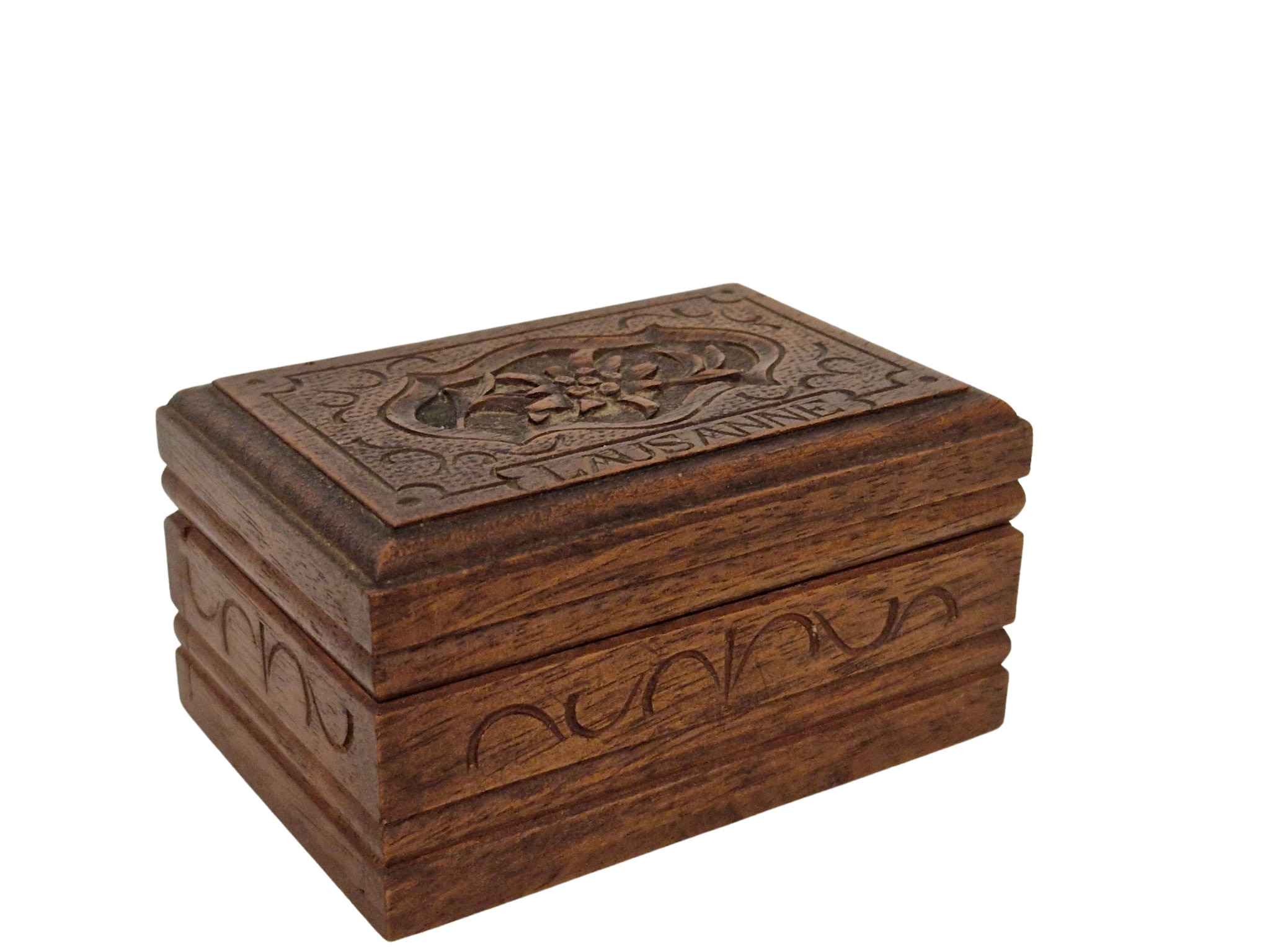 Swiss Black Forest Carved Wood Stamp Box with Edelweiss Flower
