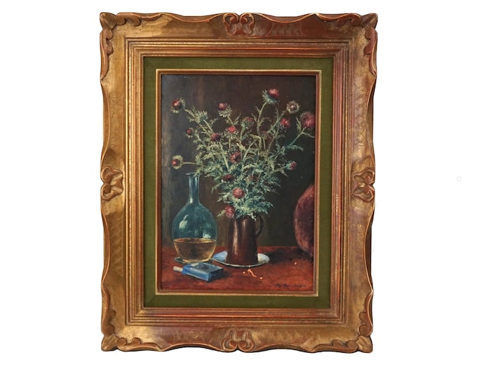 Thistle Still Life Oil Painting, Antique French Framed and Signed Wild Flower Art