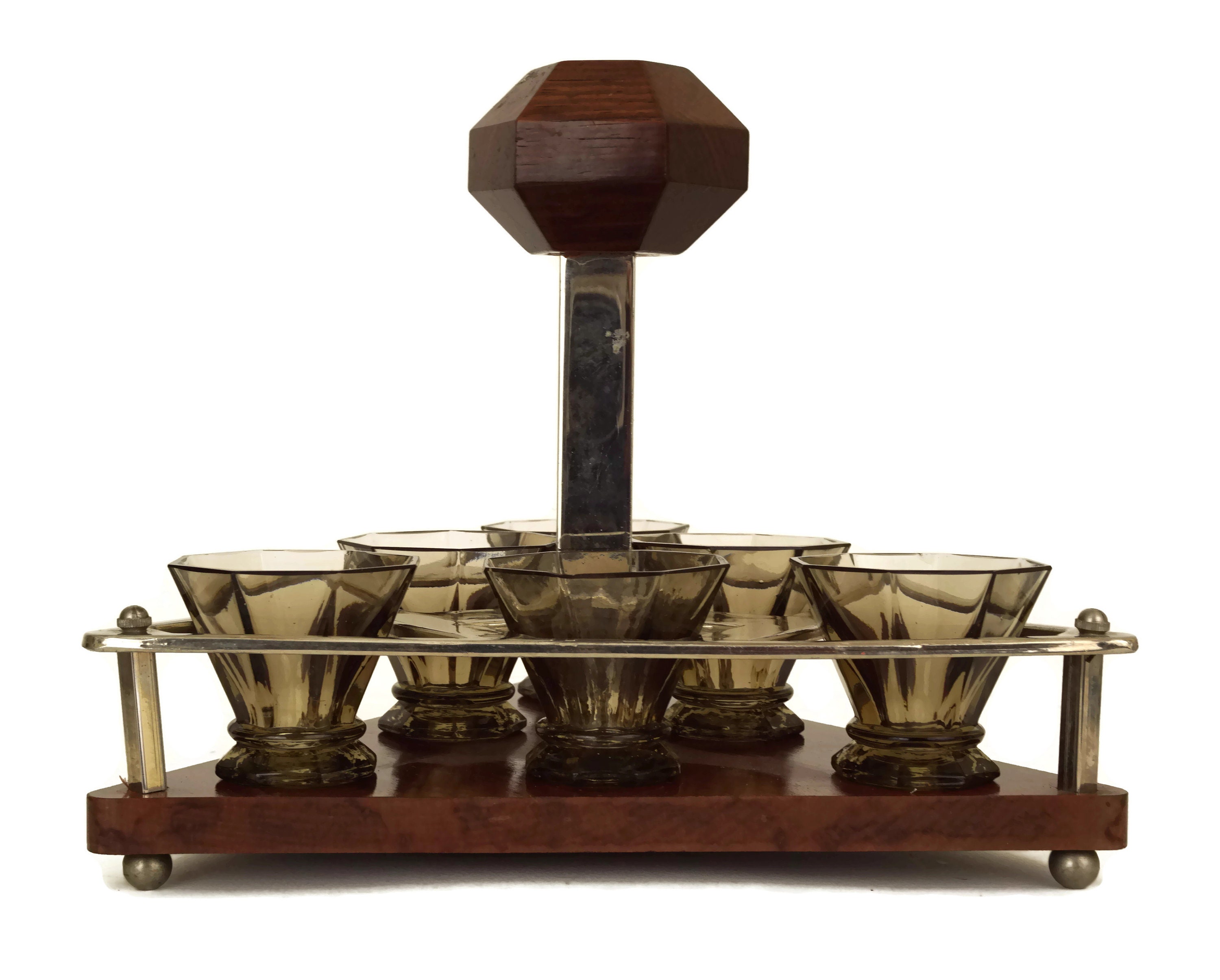 Art Deco Barware Shot Glasses Set in Chrome and Wood Serving Tray