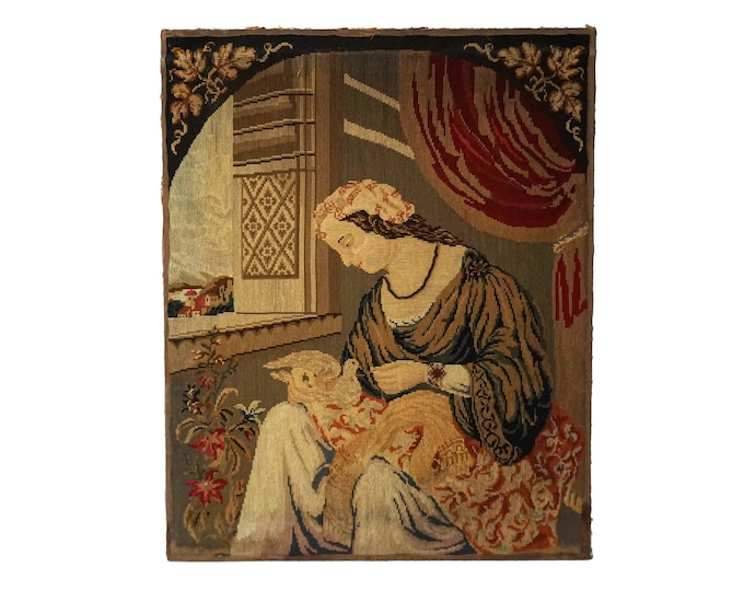 Antique Berlin Wool Work Tapestry Portrait of Lady with Dove, 19th Century Needlework and Bead Embroidery