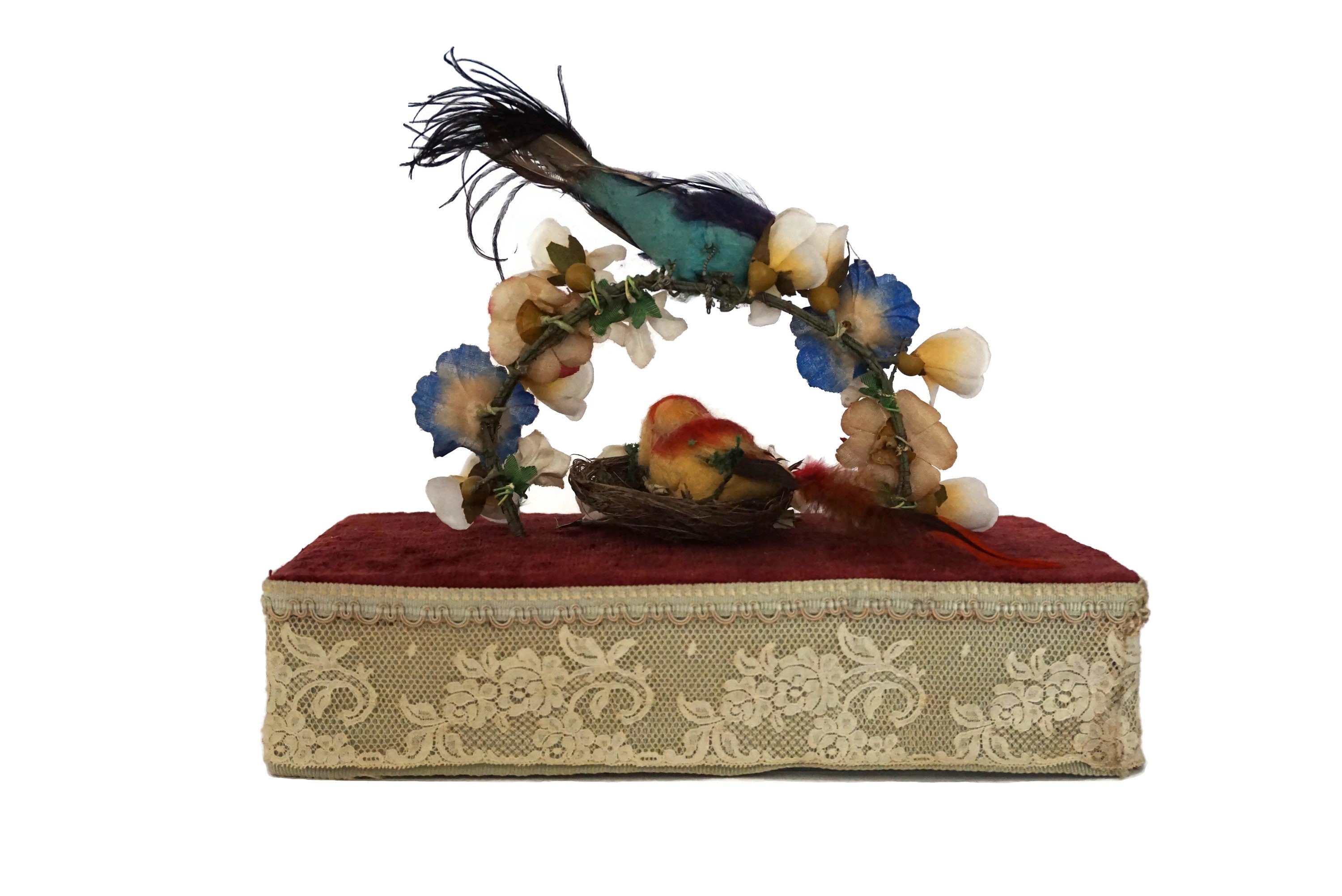 Antique Victorian Music Box with Bird Figures and Silk Flowers covered