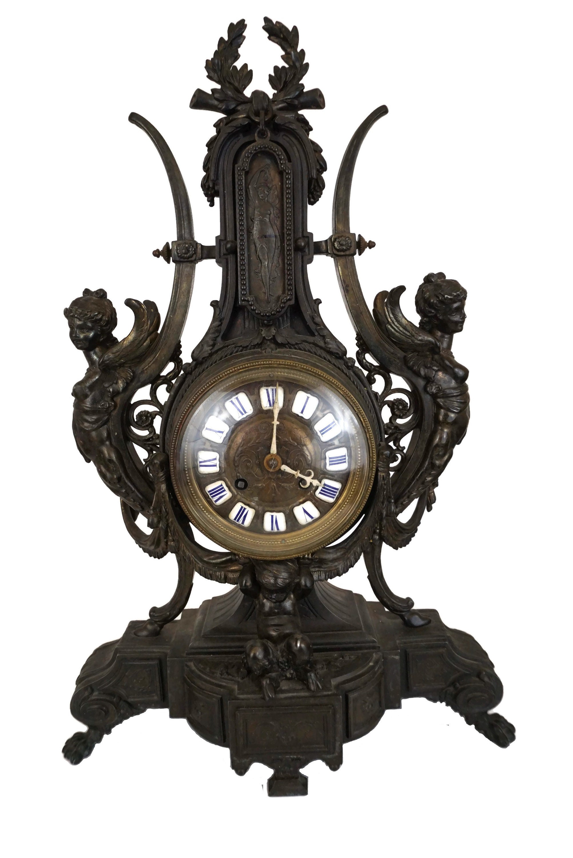 Antique French Mantle Lyre Clock, 19th Century Clock with Faun and