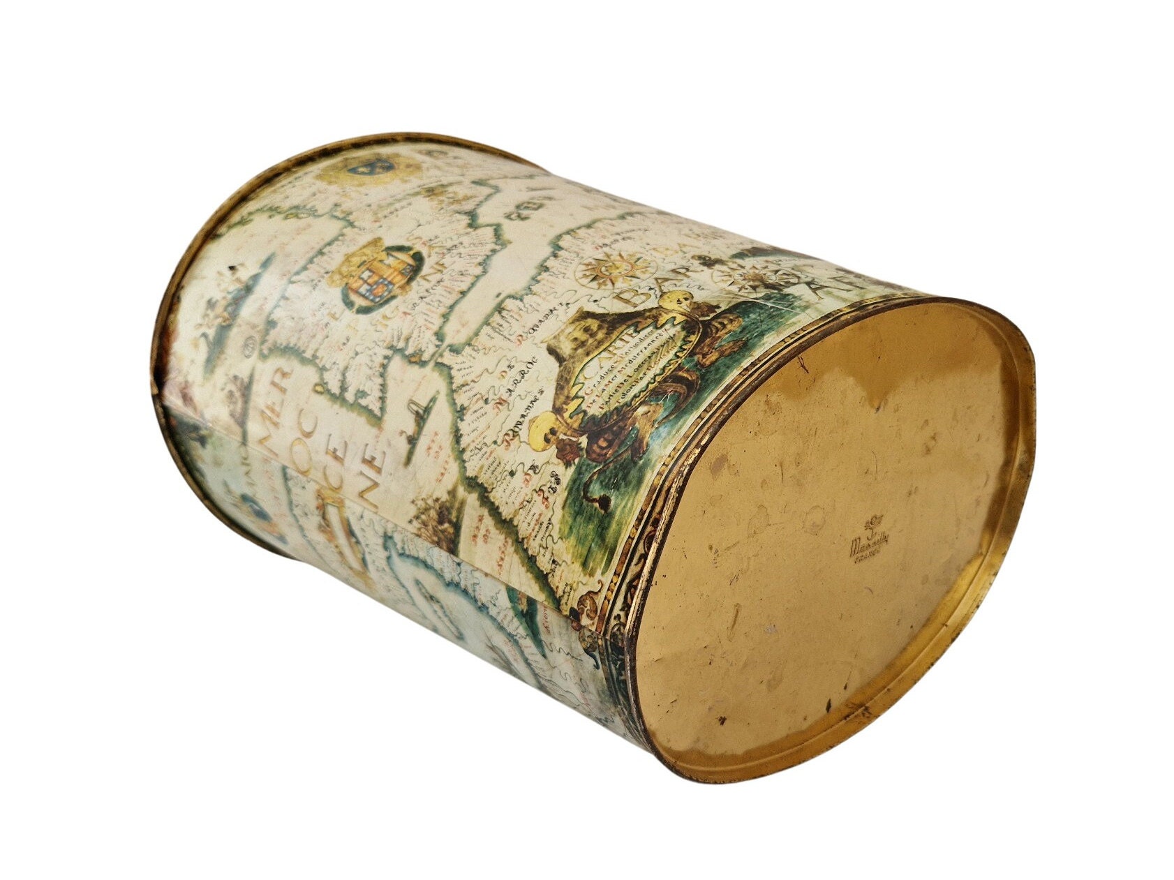 Vintage French Tole Waste Basket with Antique Style Map of Europe by