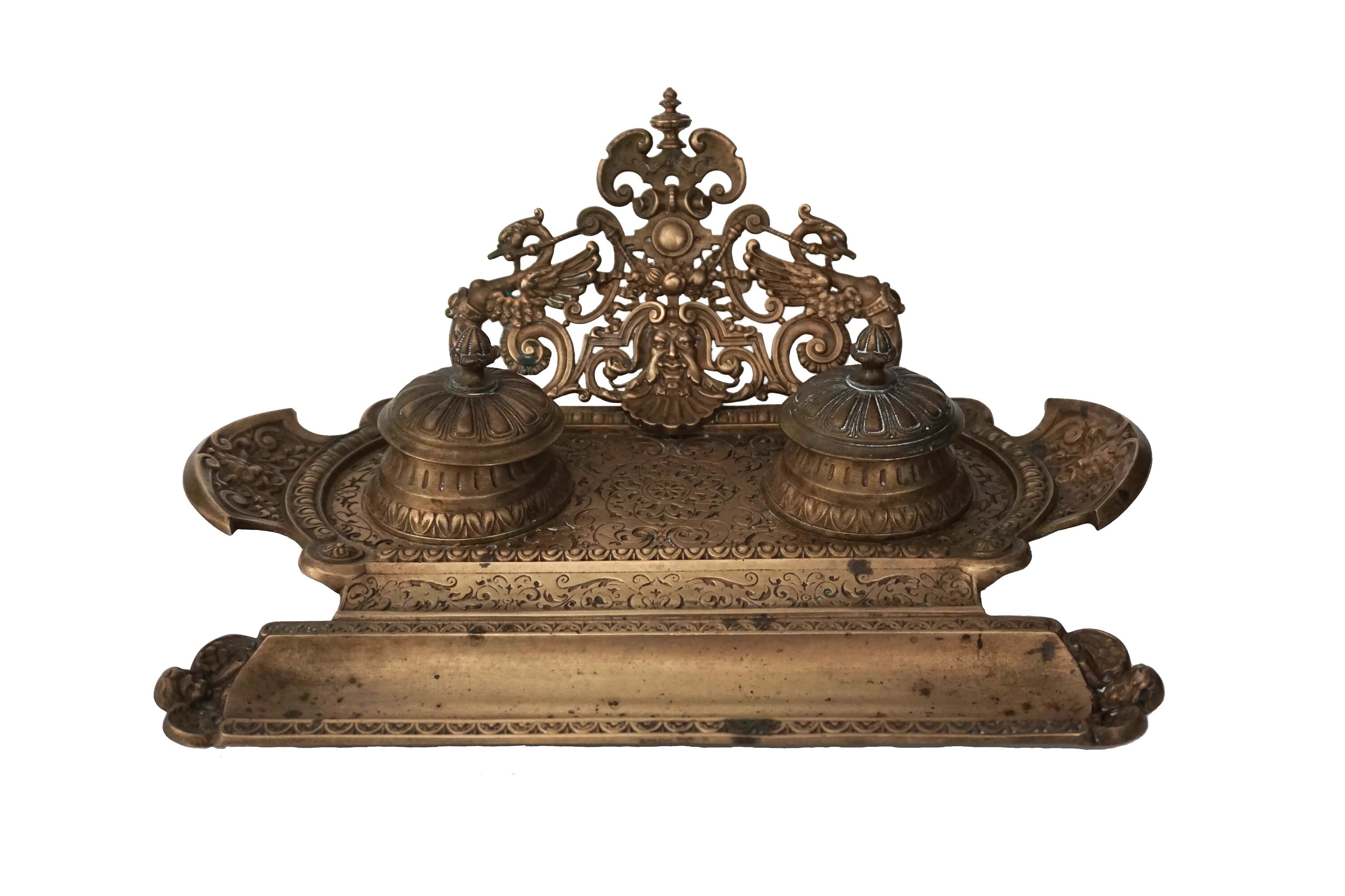 Double Encrier en Bronze Mythologique Antique et Porte-stylo Par Carpe Diem, Ernst Georg Zimmermann